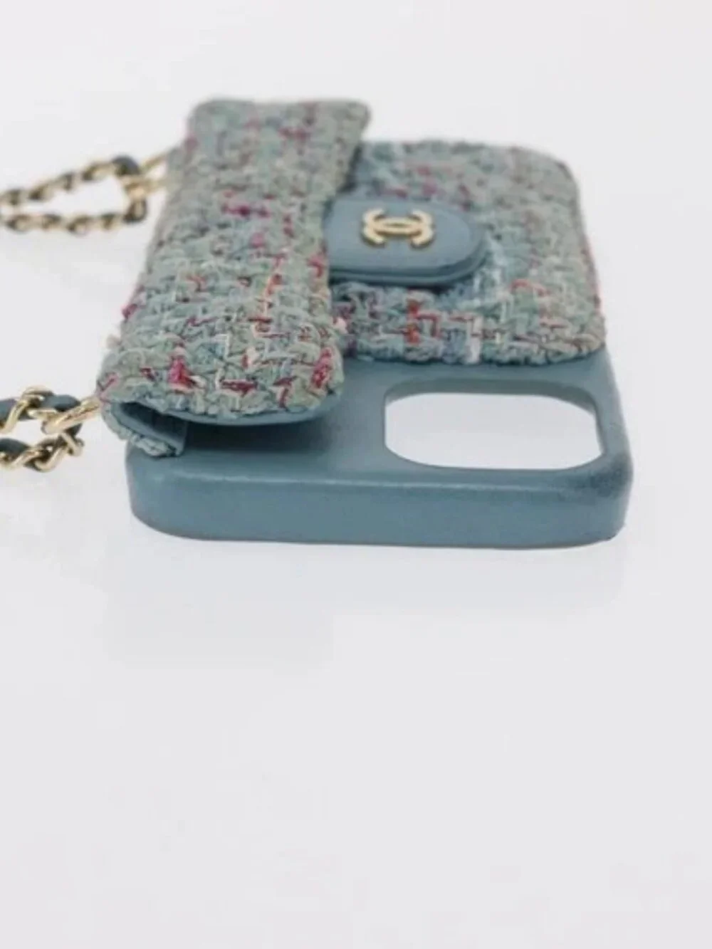 CHANEL iPhone Case Tweed Light Blue CC Auth bs32870